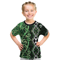 Green Aotearoa Kid T Shirt Taniko Motifs With Paua Shell Kowhaiwhai