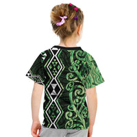 Green Aotearoa Kid T Shirt Taniko Motifs With Paua Shell Kowhaiwhai