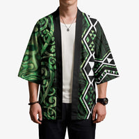 Green Aotearoa Kimono Taniko Motifs With Paua Shell Kowhaiwhai - Polynesian Pride
