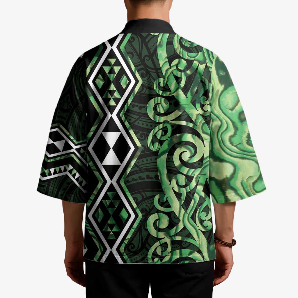 Green Aotearoa Kimono Taniko Motifs With Paua Shell Kowhaiwhai - Polynesian Pride