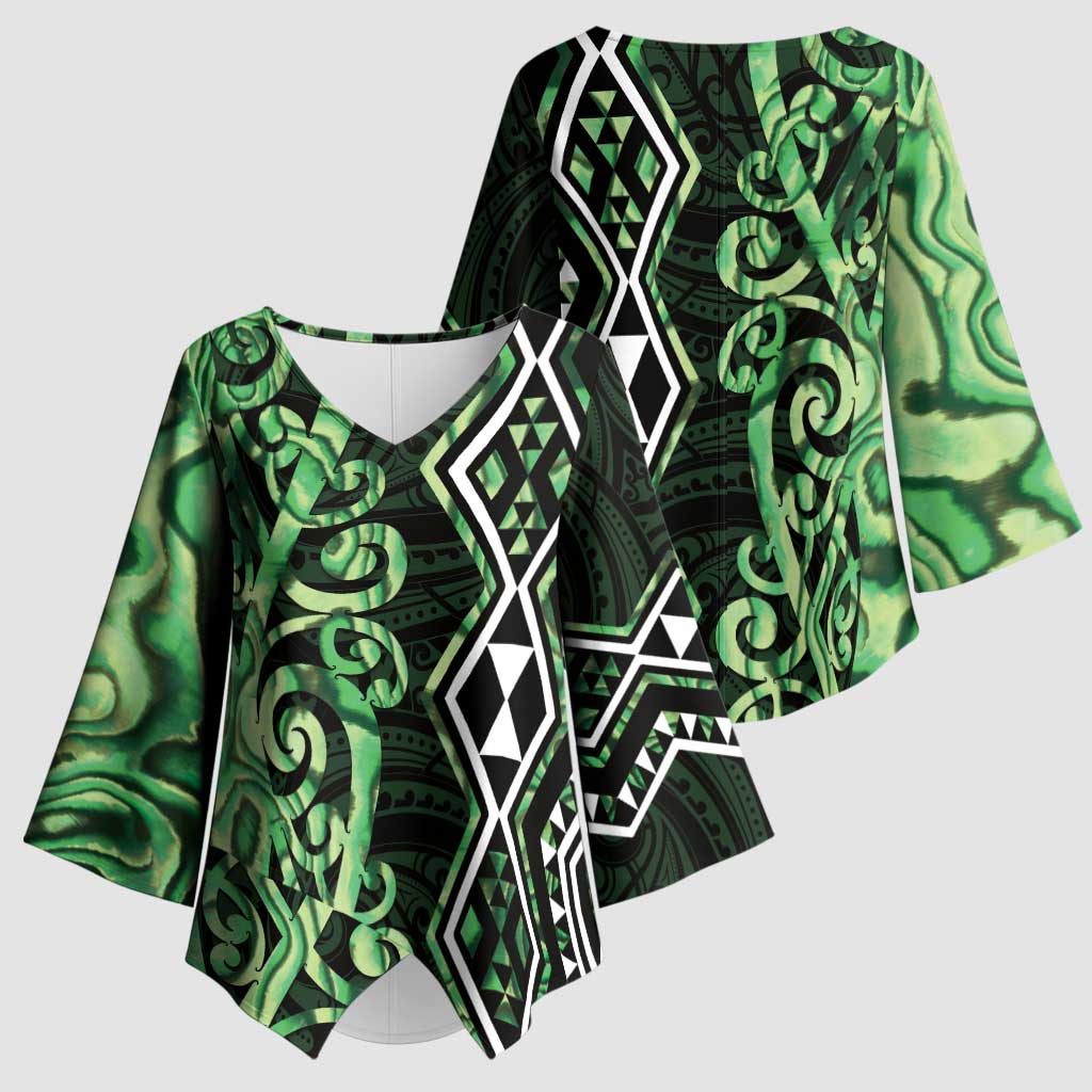 Green Aotearoa Kimono Sleeve Blouse Taniko Motifs With Paua Shell Kowhaiwhai - Polynesian Pride