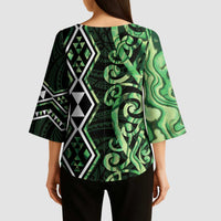 Green Aotearoa Kimono Sleeve Blouse Taniko Motifs With Paua Shell Kowhaiwhai - Polynesian Pride