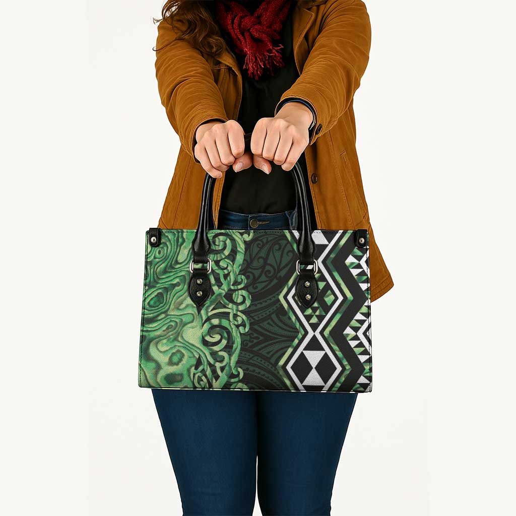 Green Aotearoa Leather Bag Taniko Motifs With Paua Shell Kowhaiwhai - Polynesian Pride