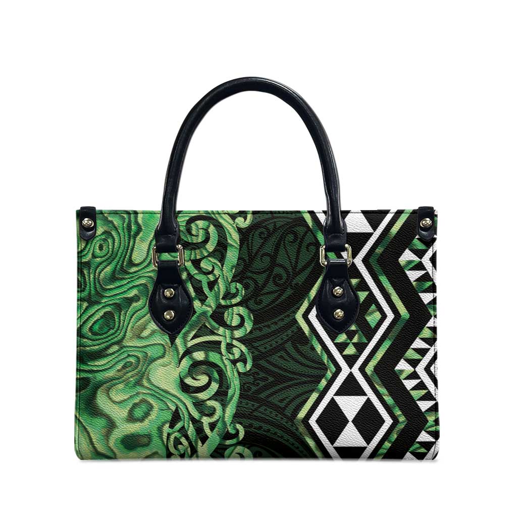 Green Aotearoa Leather Bag Taniko Motifs With Paua Shell Kowhaiwhai - Polynesian Pride