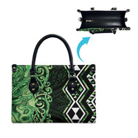 Green Aotearoa Leather Bag Taniko Motifs With Paua Shell Kowhaiwhai - Polynesian Pride