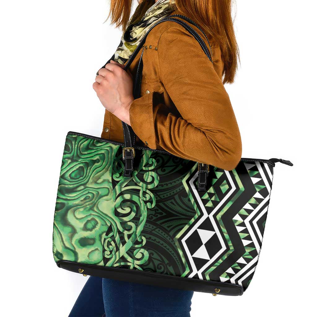 Green Aotearoa Leather Tote Bag Taniko Motifs With Paua Shell Kowhaiwhai