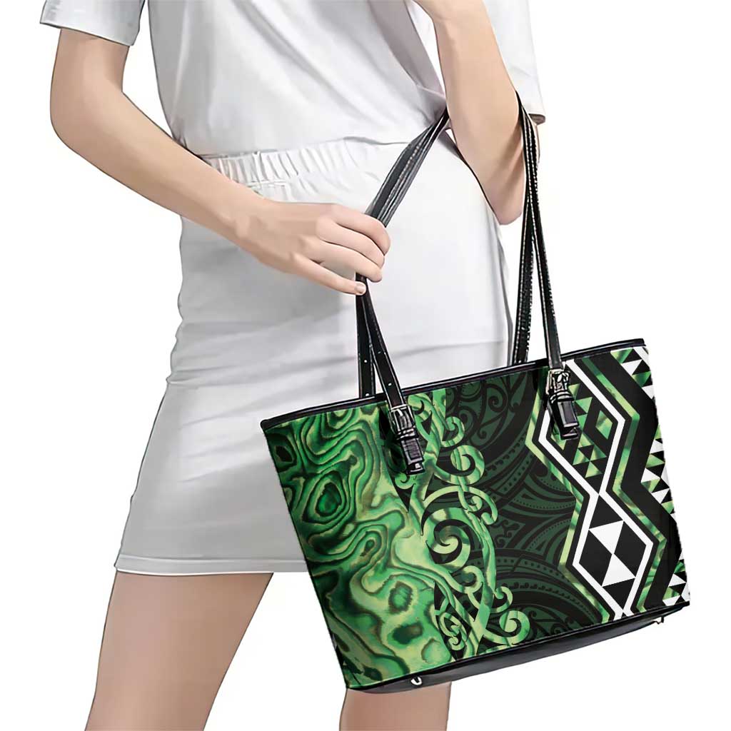 Green Aotearoa Leather Tote Bag Taniko Motifs With Paua Shell Kowhaiwhai