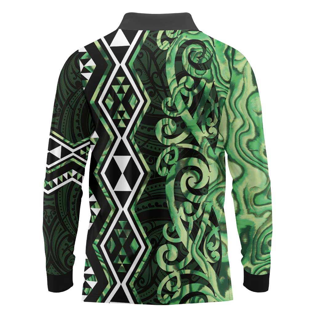 Green Aotearoa Long Sleeve Polo Shirt Taniko Motifs With Paua Shell Kowhaiwhai LT14 - Polynesian Pride