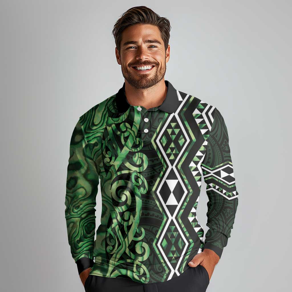 Green Aotearoa Long Sleeve Polo Shirt Taniko Motifs With Paua Shell Kowhaiwhai LT14 - Polynesian Pride
