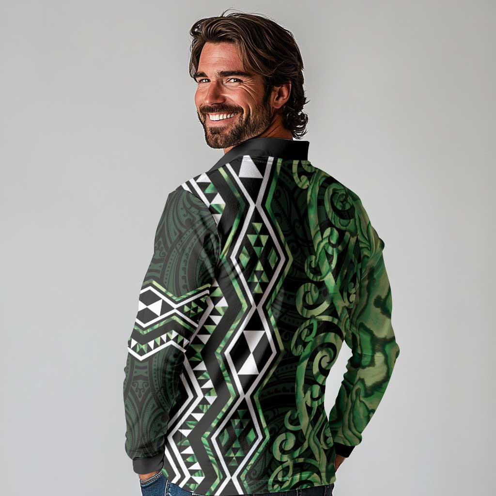 Green Aotearoa Long Sleeve Polo Shirt Taniko Motifs With Paua Shell Kowhaiwhai LT14 - Polynesian Pride