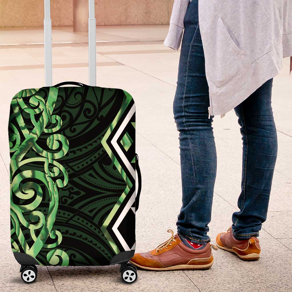 Green Aotearoa Luggage Cover Taniko Motifs With Paua Shell Kowhaiwhai