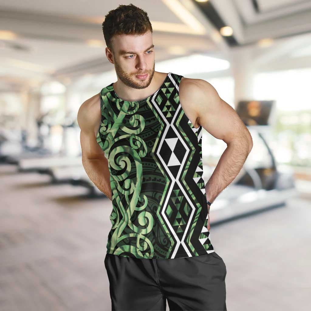 Green Aotearoa Men Tank Top Taniko Motifs With Paua Shell Kowhaiwhai