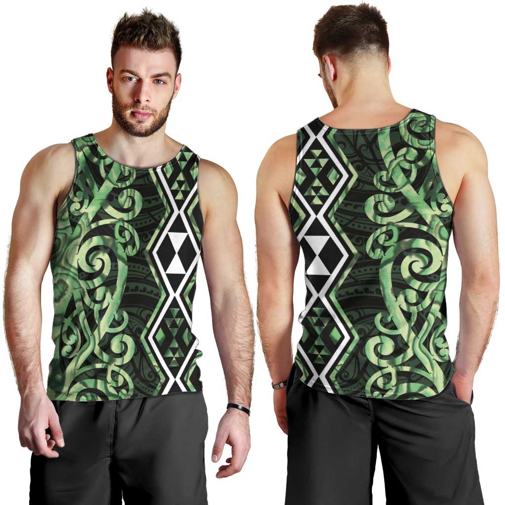 Green Aotearoa Men Tank Top Taniko Motifs With Paua Shell Kowhaiwhai