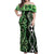 Green Aotearoa Off Shoulder Maxi Dress Taniko Motifs With Paua Shell Kowhaiwhai