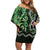 Green Aotearoa Off Shoulder Short Dress Taniko Motifs With Paua Shell Kowhaiwhai