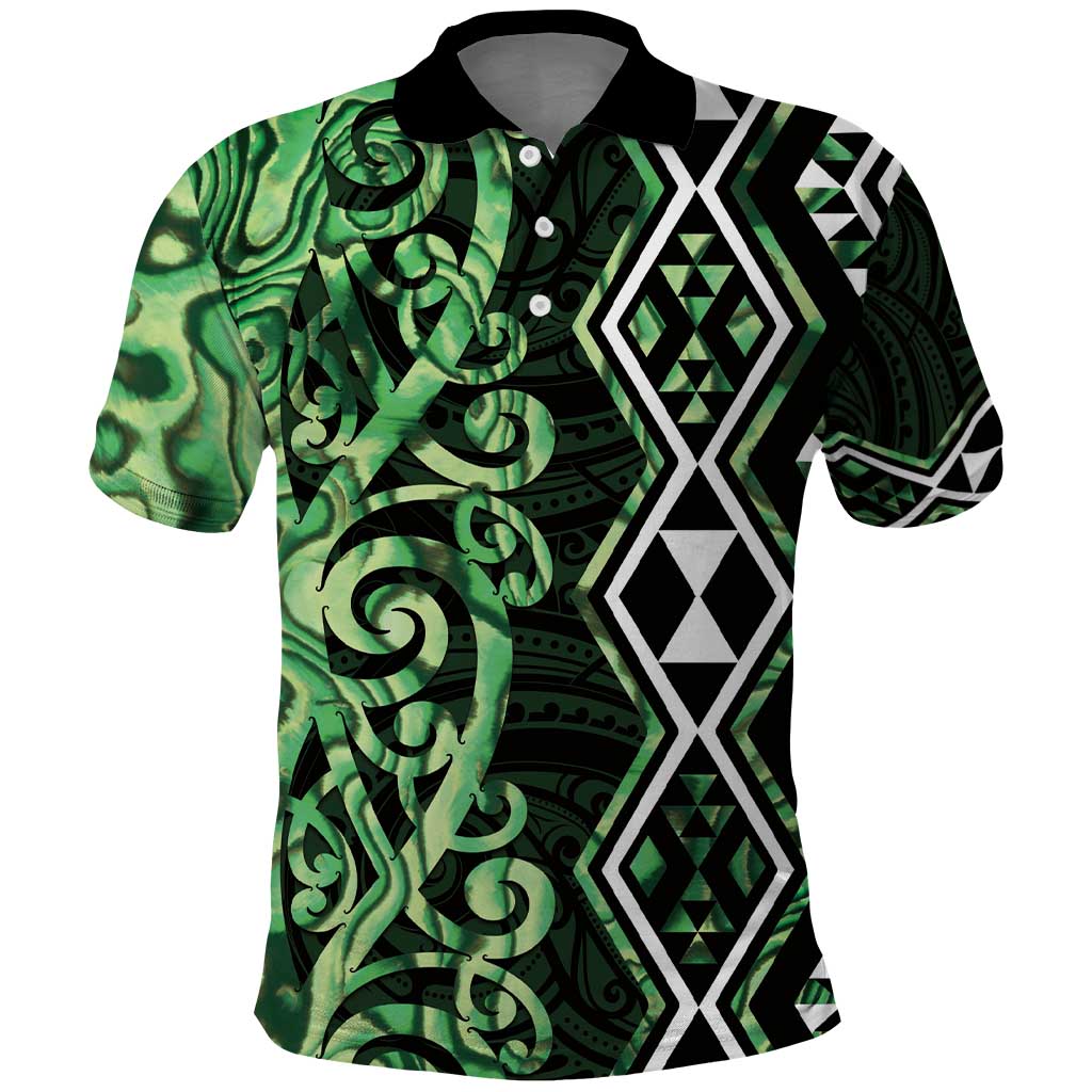 Green Aotearoa Polo Shirt Taniko Motifs With Paua Shell Kowhaiwhai