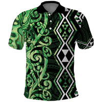 Green Aotearoa Polo Shirt Taniko Motifs With Paua Shell Kowhaiwhai