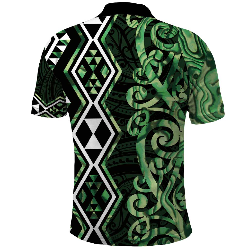 Green Aotearoa Polo Shirt Taniko Motifs With Paua Shell Kowhaiwhai