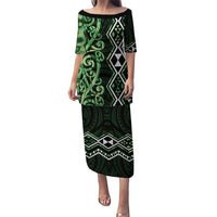 Green Aotearoa Puletasi Taniko Motifs With Paua Shell Kowhaiwhai