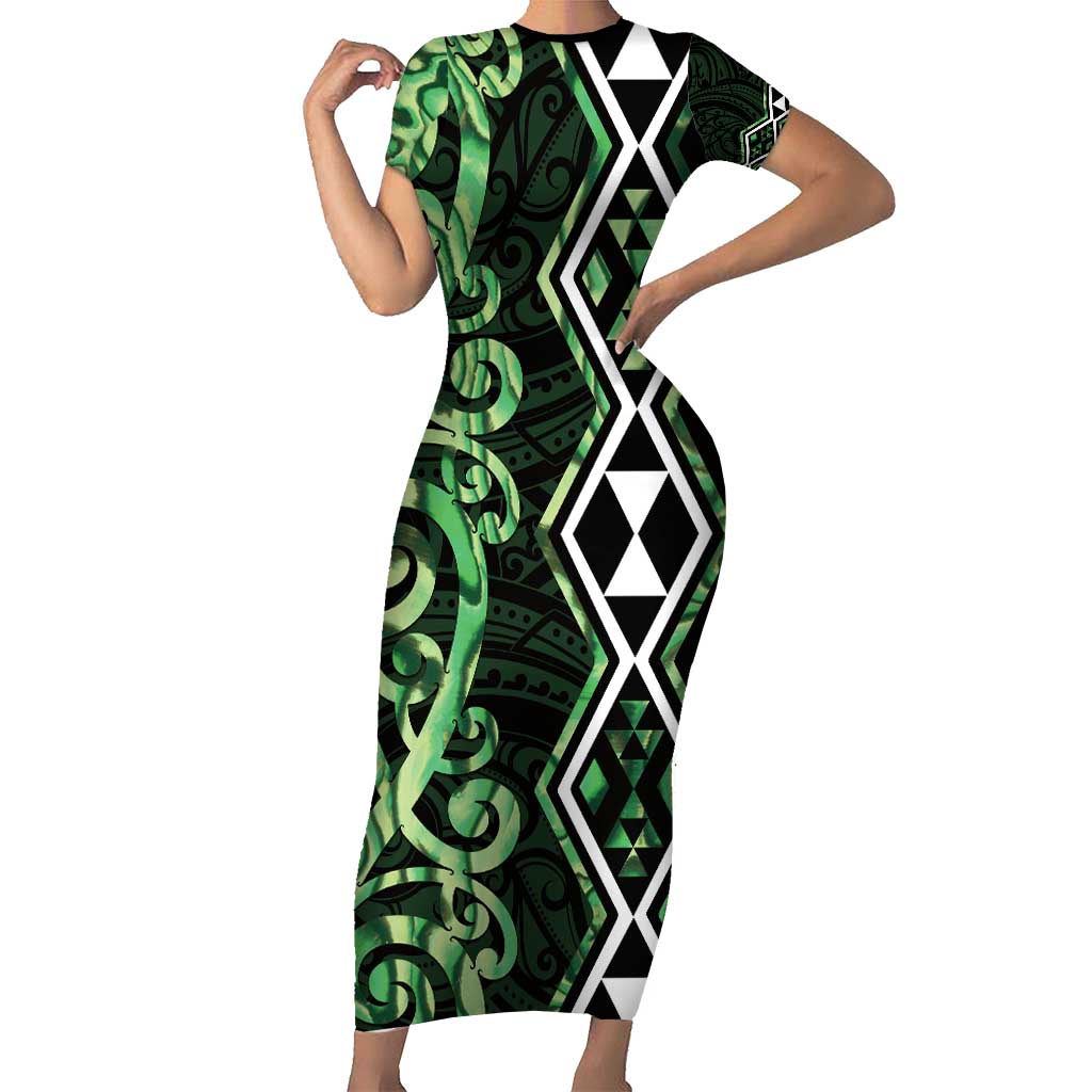 Green Aotearoa Short Sleeve Bodycon Dress Taniko Motifs With Paua Shell Kowhaiwhai