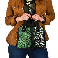 Green Aotearoa Shoulder Handbag Taniko Motifs With Paua Shell Kowhaiwhai