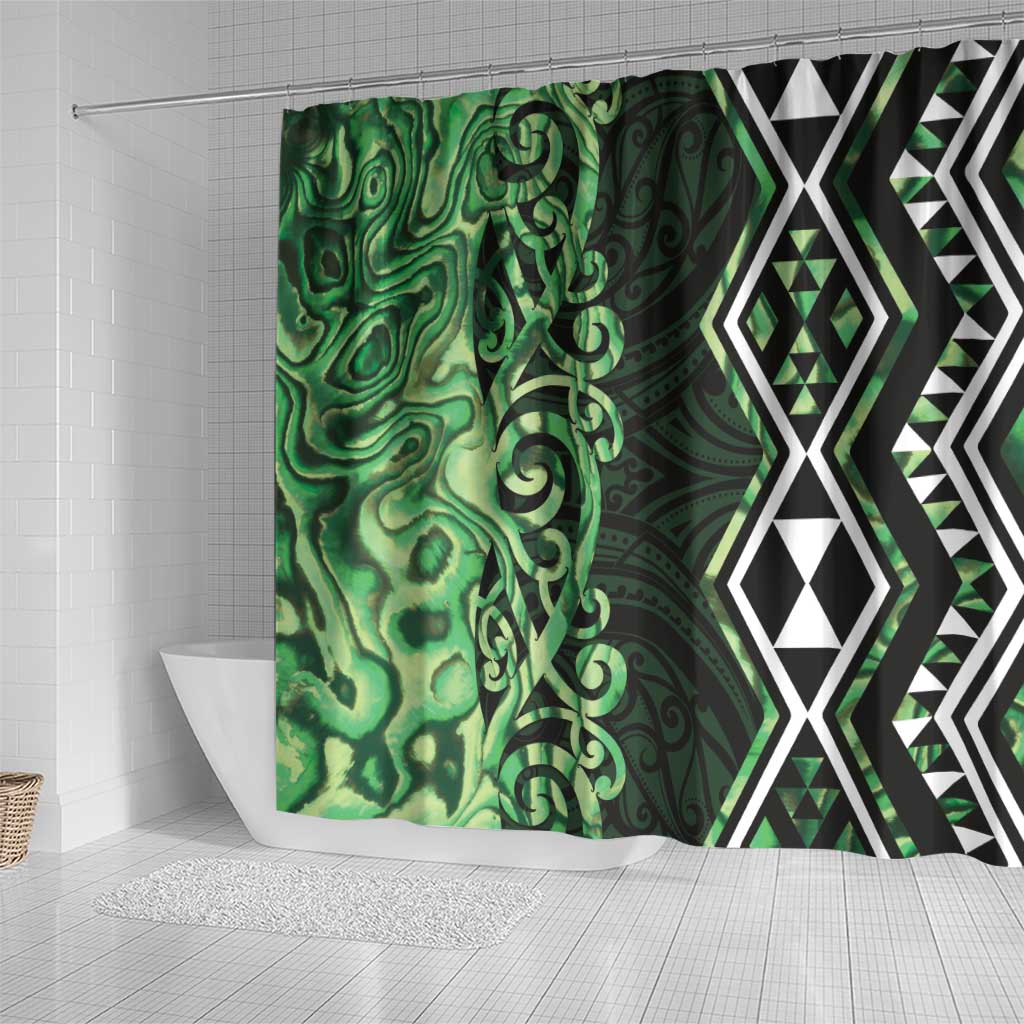 Green Aotearoa Shower Curtain Taniko Motifs With Paua Shell Kowhaiwhai
