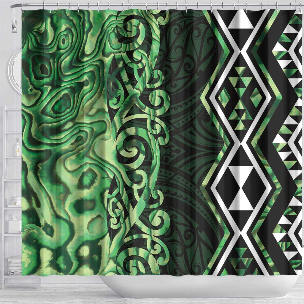 Green Aotearoa Shower Curtain Taniko Motifs With Paua Shell Kowhaiwhai