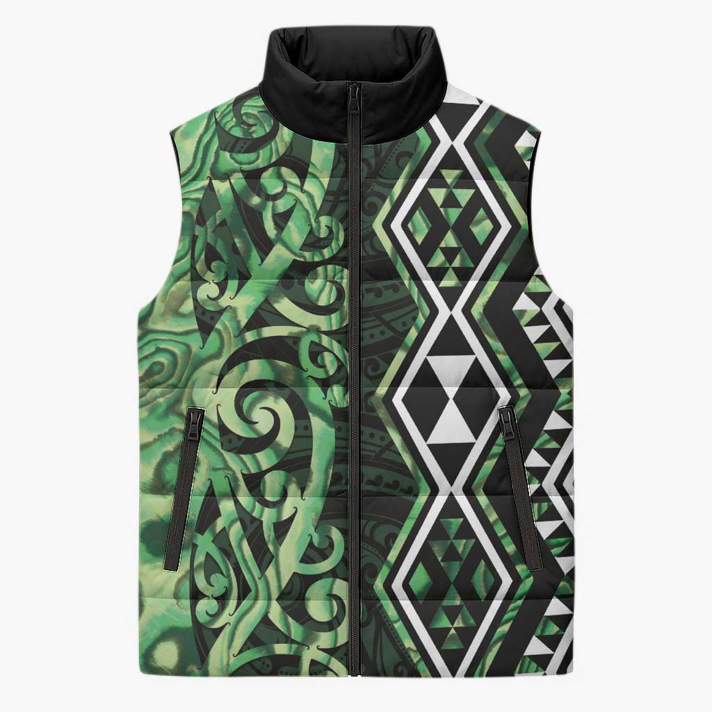 Green Aotearoa Sleeveless Puffer Jacket Taniko Motifs With Paua Shell Kowhaiwhai LT14 Unisex Green - Polynesian Pride