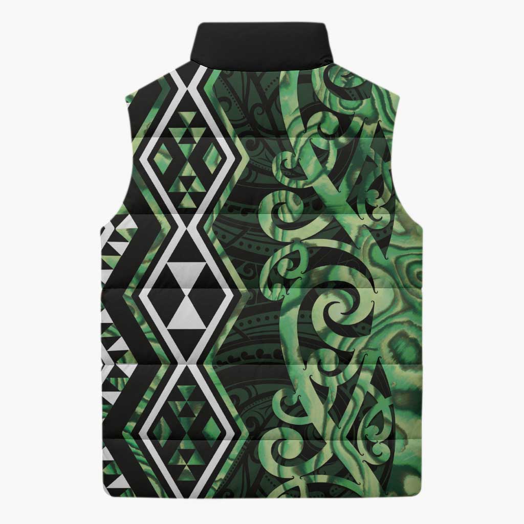 Green Aotearoa Sleeveless Puffer Jacket Taniko Motifs With Paua Shell Kowhaiwhai LT14 - Polynesian Pride