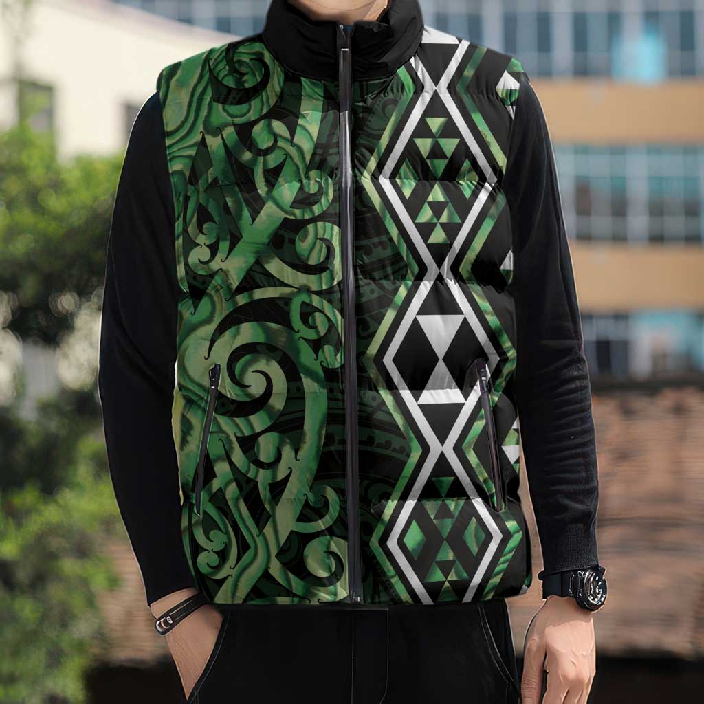 Green Aotearoa Sleeveless Puffer Jacket Taniko Motifs With Paua Shell Kowhaiwhai LT14 - Polynesian Pride