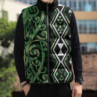 Green Aotearoa Sleeveless Puffer Jacket Taniko Motifs With Paua Shell Kowhaiwhai LT14 - Polynesian Pride