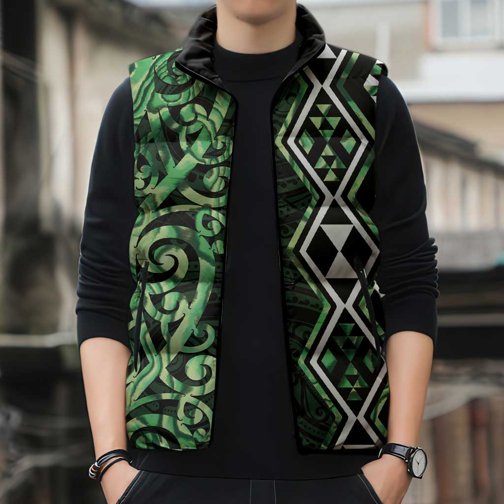 Green Aotearoa Sleeveless Puffer Jacket Taniko Motifs With Paua Shell Kowhaiwhai LT14 - Polynesian Pride