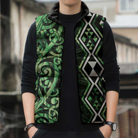 Green Aotearoa Sleeveless Puffer Jacket Taniko Motifs With Paua Shell Kowhaiwhai LT14 - Polynesian Pride