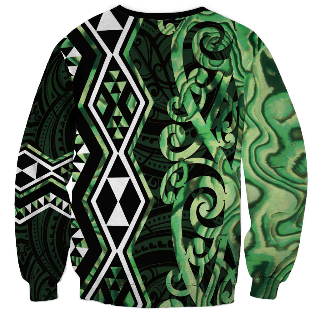 Green Aotearoa Sweatshirt Taniko Motifs With Paua Shell Kowhaiwhai