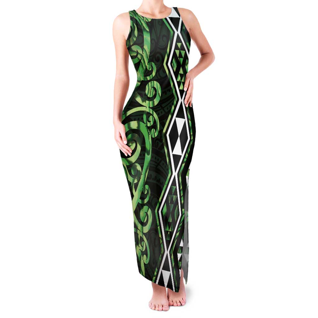 Green Aotearoa Tank Maxi Dress Taniko Motifs With Paua Shell Kowhaiwhai