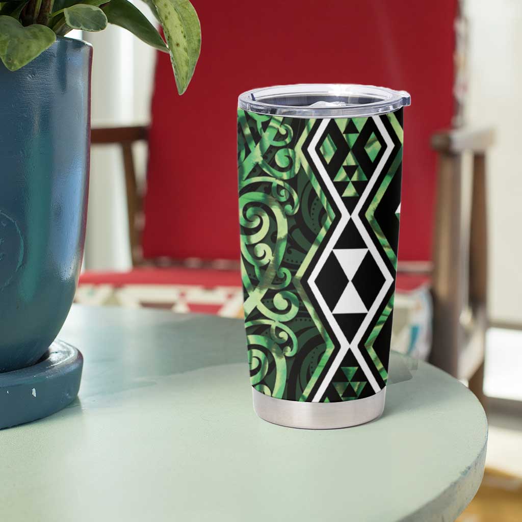 Green Aotearoa Tumbler Cup Taniko Motifs With Paua Shell Kowhaiwhai