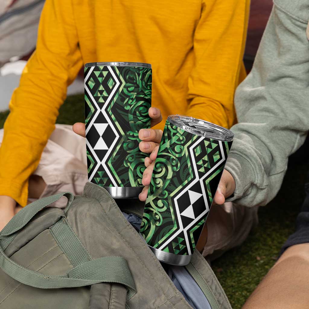 Green Aotearoa Tumbler Cup Taniko Motifs With Paua Shell Kowhaiwhai