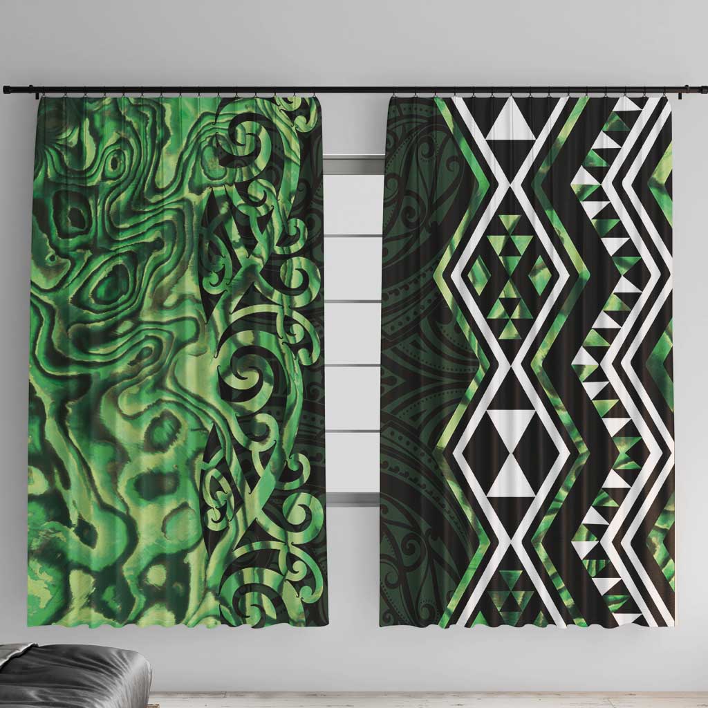 Green Aotearoa Window Curtain Taniko Motifs With Paua Shell Kowhaiwhai