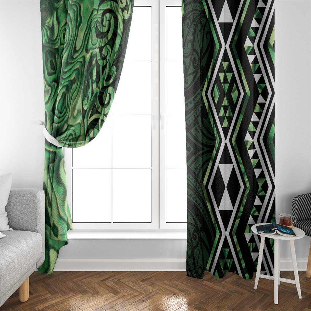 Green Aotearoa Window Curtain Taniko Motifs With Paua Shell Kowhaiwhai