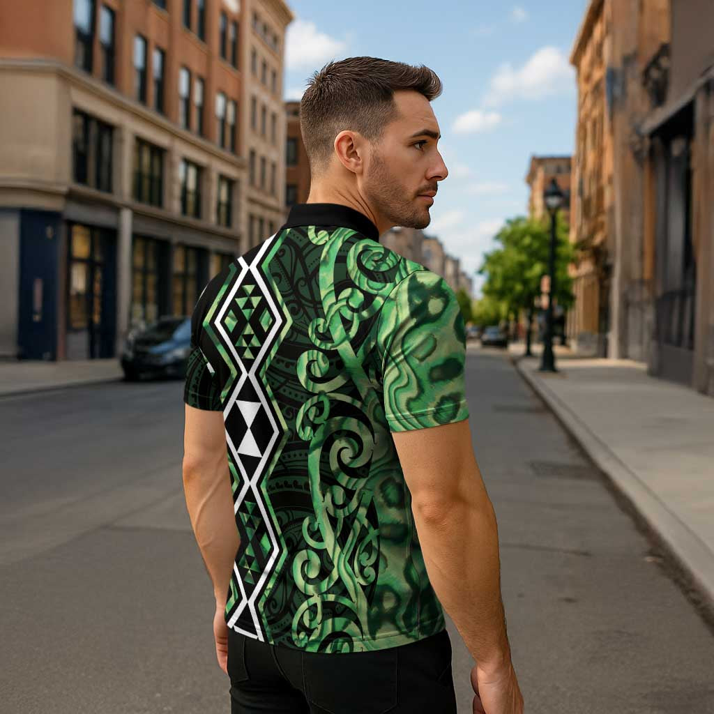 Green Aotearoa Zipper Polo Shirt Taniko Motifs With Paua Shell Kowhaiwhai - Polynesian Pride