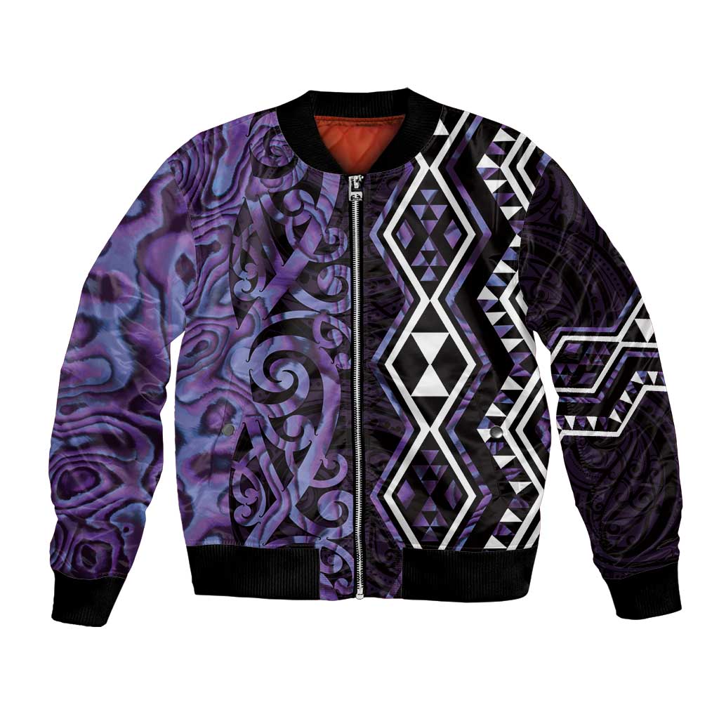 Purple Aotearoa Bomber Jacket Taniko Motifs With Paua Shell Kowhaiwhai LT14 Unisex Purple - Polynesian Pride