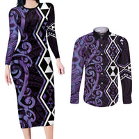 Purple Aotearoa Couples Matching Long Sleeve Bodycon Dress and Long Sleeve Button Shirt Taniko Motifs With Paua Shell Kowhaiwhai