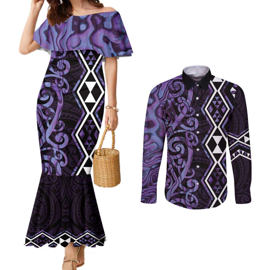 Purple Aotearoa Couples Matching Mermaid Dress and Long Sleeve Button Shirt Taniko Motifs With Paua Shell Kowhaiwhai