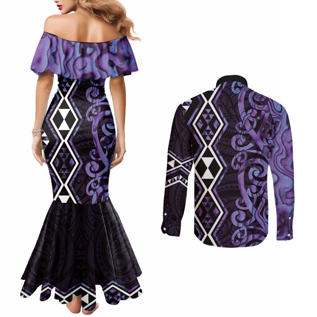 Purple Aotearoa Couples Matching Mermaid Dress and Long Sleeve Button Shirt Taniko Motifs With Paua Shell Kowhaiwhai