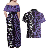 Purple Aotearoa Couples Matching Off Shoulder Maxi Dress and Hawaiian Shirt Taniko Motifs With Paua Shell Kowhaiwhai