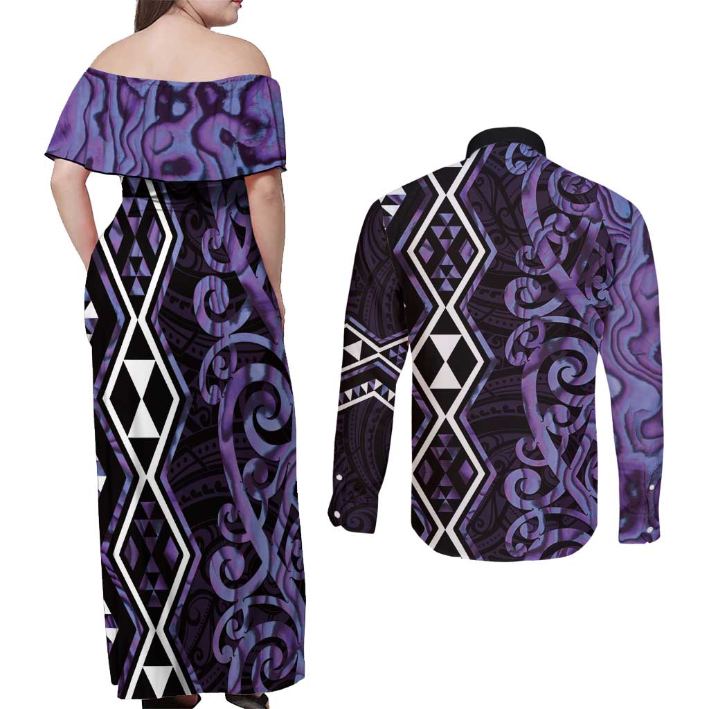 Purple Aotearoa Couples Matching Off Shoulder Maxi Dress and Long Sleeve Button Shirt Taniko Motifs With Paua Shell Kowhaiwhai