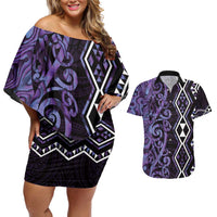 Purple Aotearoa Couples Matching Off Shoulder Short Dress and Hawaiian Shirt Taniko Motifs With Paua Shell Kowhaiwhai