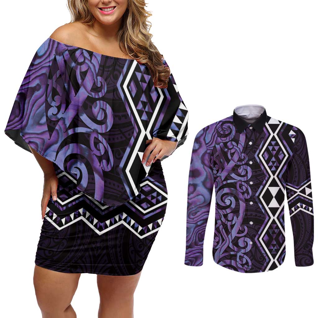 Purple Aotearoa Couples Matching Off Shoulder Short Dress and Long Sleeve Button Shirt Taniko Motifs With Paua Shell Kowhaiwhai
