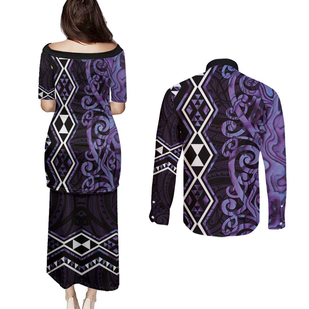 Purple Aotearoa Couples Matching Puletasi and Long Sleeve Button Shirt Taniko Motifs With Paua Shell Kowhaiwhai