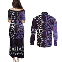 Purple Aotearoa Couples Matching Puletasi and Long Sleeve Button Shirt Taniko Motifs With Paua Shell Kowhaiwhai